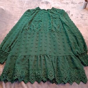 Nordstrom Love X Design Dress Womens Size XL Emerald Green Swiss Dot Lace Trim‎